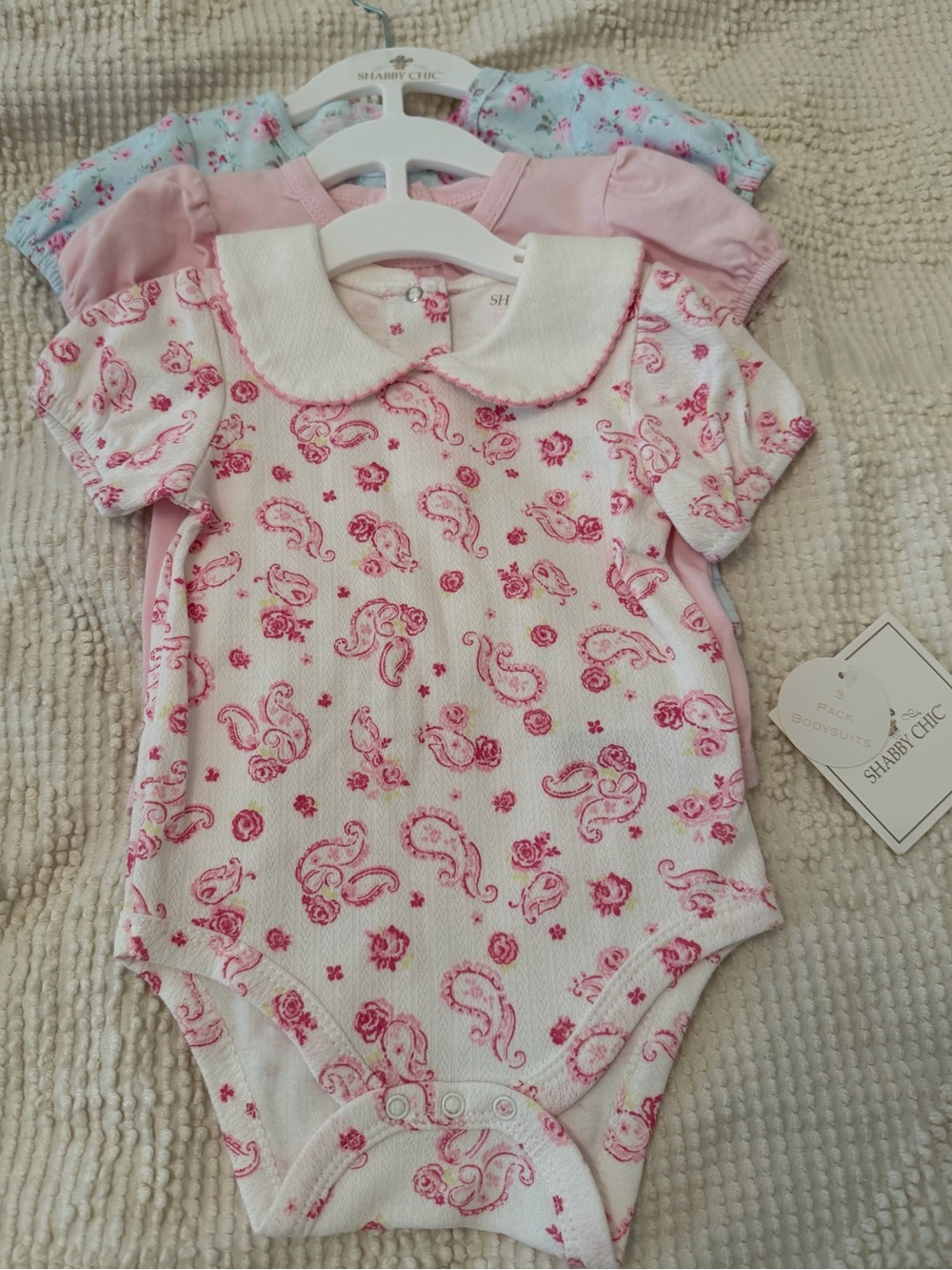 NWT~ Shabby Chic 3 pack of babies onesies. 6-9 months